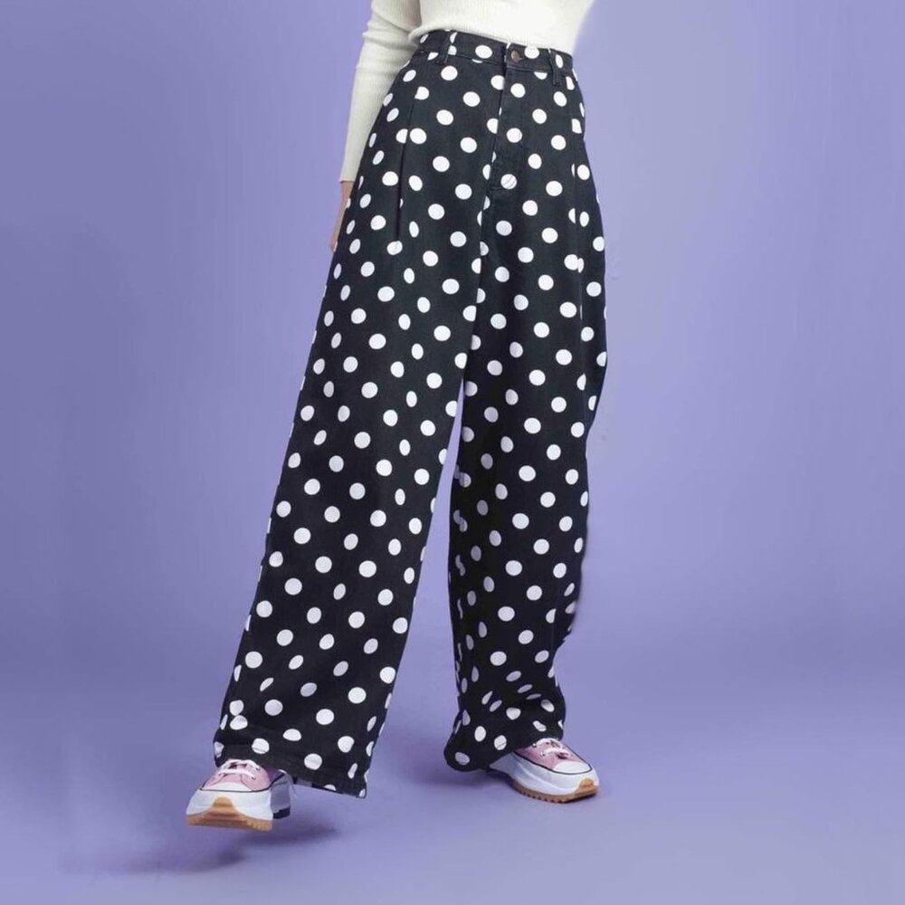 Lucy & Yak Cole Wide Leg Jeans - Black & White Polka Dot - Women's 34 - NWT